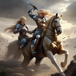 An intense duel between a golden-haired female knight in ripped front armor, atop a horse, and a male warrior. They're battling up close with swords and bows, her valor marked by her neatly belted armor and protective helmet.