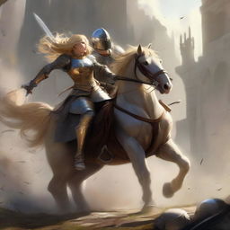 An intense duel between a golden-haired female knight in ripped front armor, atop a horse, and a male warrior. They're battling up close with swords and bows, her valor marked by her neatly belted armor and protective helmet.