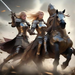 An intense duel between a golden-haired female knight in ripped front armor, atop a horse, and a male warrior. They're battling up close with swords and bows, her valor marked by her neatly belted armor and protective helmet.