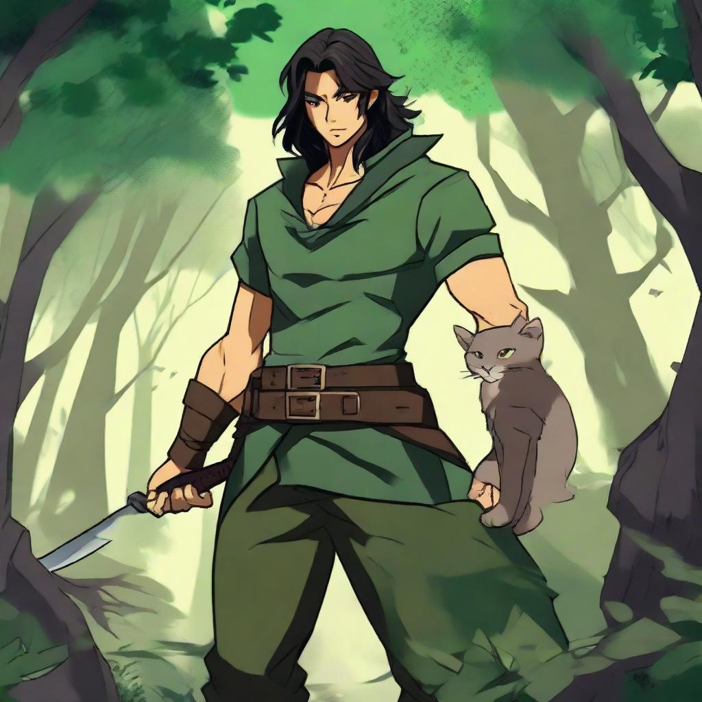 Generate an image of a human male RPG ranger with tanned skin, black long hair, and dark green eyes. He wears green clothing and wields two swords. He's accompanied by his cat in a mystical forest with a sunset background.