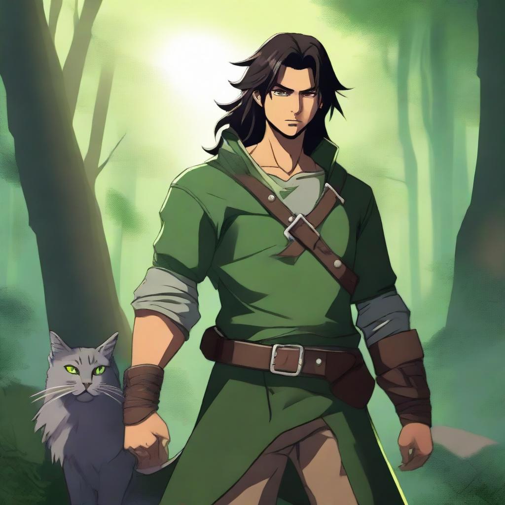 Generate an image of a human male RPG ranger with tanned skin, black long hair, and dark green eyes. He wears green clothing and wields two swords. He's accompanied by his cat in a mystical forest with a sunset background.