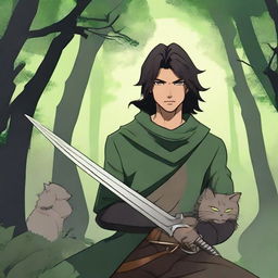 Generate an image of a human male RPG ranger with tanned skin, black long hair, and dark green eyes. He wears green clothing and wields two swords. He's accompanied by his cat in a mystical forest with a sunset background.