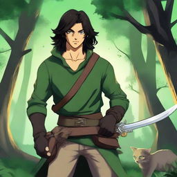 Generate an image of a human male RPG ranger with tanned skin, black long hair, and dark green eyes. He wears green clothing and wields two swords. He's accompanied by his cat in a mystical forest with a sunset background.