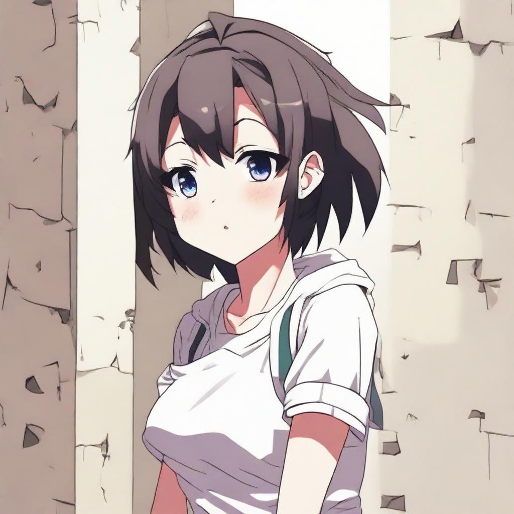 Anime-styled young adult woman with a hint of chubbiness stuck midway in a wall, with her upper body and waist clearly visible.