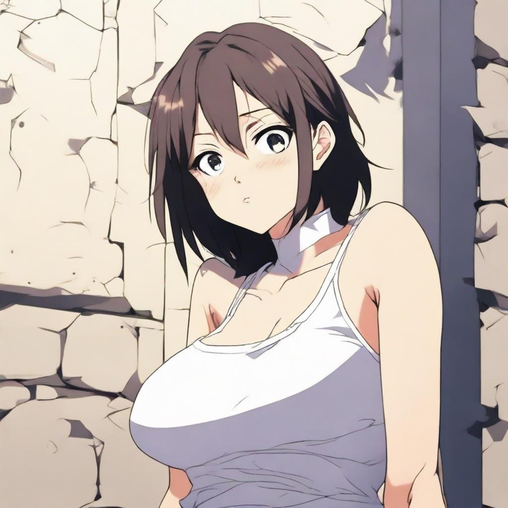 Anime-styled young adult woman with a hint of chubbiness stuck midway in a wall, with her upper body and waist clearly visible.