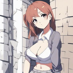 Anime-styled young adult woman with a hint of chubbiness stuck midway in a wall, with her upper body and waist clearly visible.