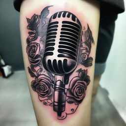 An intricately detailed microphone tattoo design with a vintage touch, infused with musical notes and embellishments as accents.