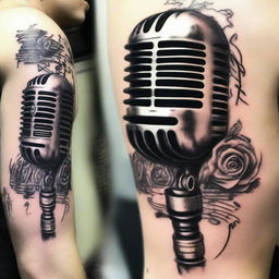 An intricately detailed microphone tattoo design with a vintage touch, infused with musical notes and embellishments as accents.