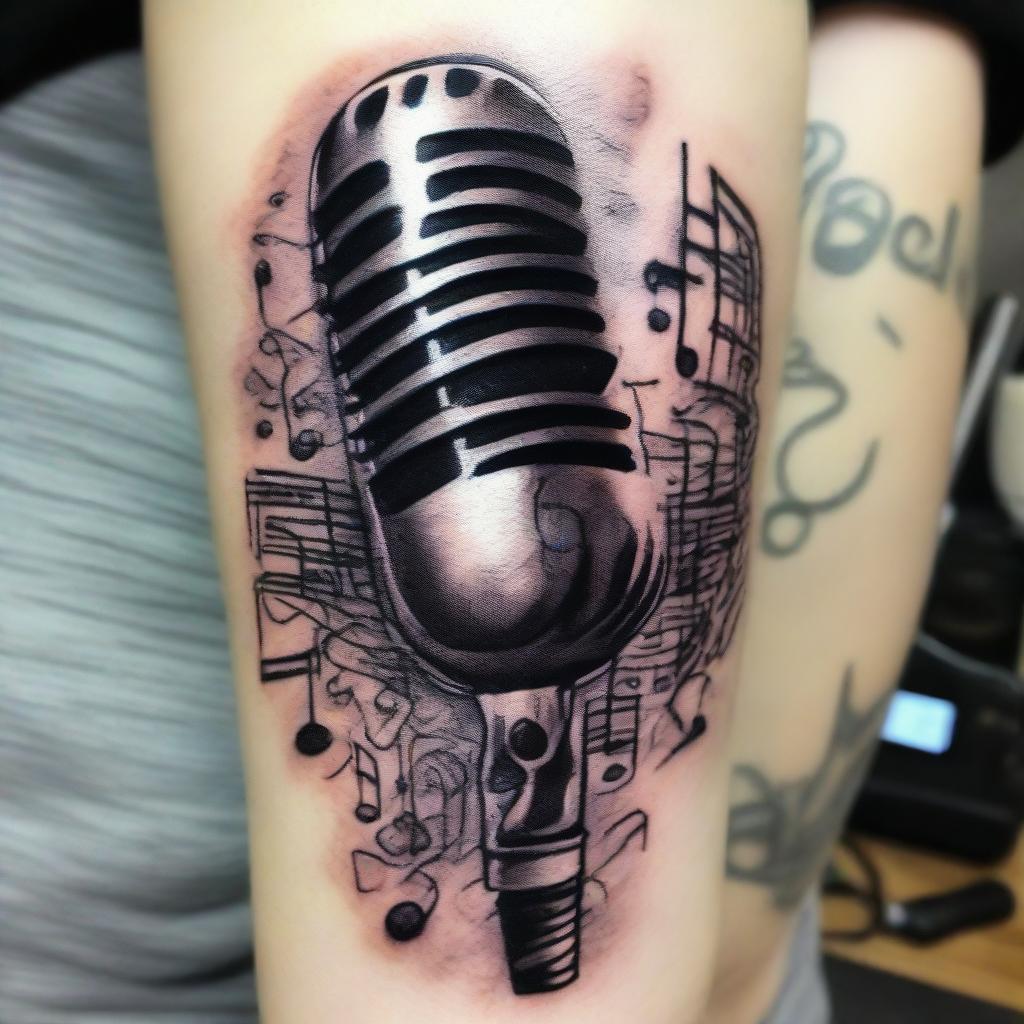 An intricately detailed microphone tattoo design with a vintage touch, infused with musical notes and embellishments as accents.