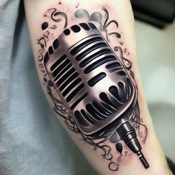 An intricately detailed microphone tattoo design with a vintage touch, infused with musical notes and embellishments as accents.