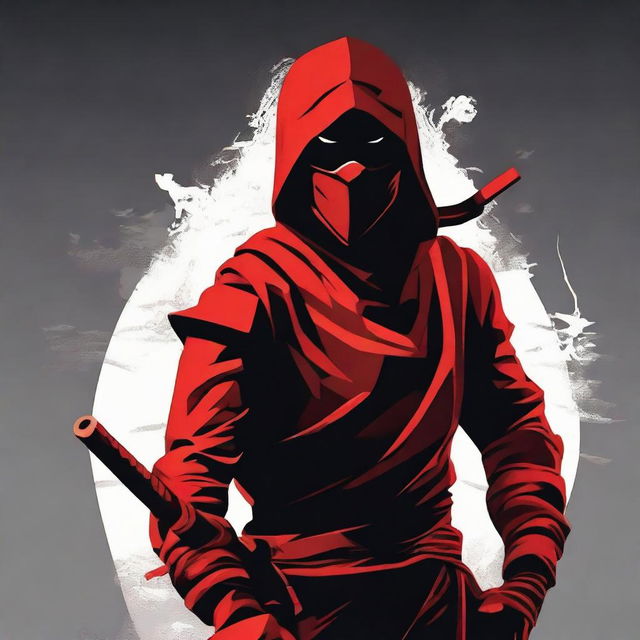 A portrait-style, cinematic vector picture of a red ninja, built up with dramatic contrast and filmic lighting.