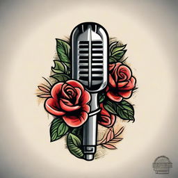 An old school microphone tattoo design with traditional nautical or sailor jerry elements, incorporating roses, banners, and perhaps a splash of vibrant colors.