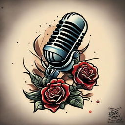 An old school microphone tattoo design with traditional nautical or sailor jerry elements, incorporating roses, banners, and perhaps a splash of vibrant colors.