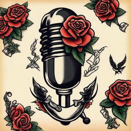 An old school microphone tattoo design with traditional nautical or sailor jerry elements, incorporating roses, banners, and perhaps a splash of vibrant colors.