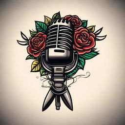 An old school microphone tattoo design with traditional nautical or sailor jerry elements, incorporating roses, banners, and perhaps a splash of vibrant colors.