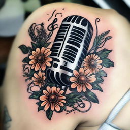 A traditional tattoo design featuring a microphone entwined with daisies and musical notes, creating an artistic fusion of nature and music.