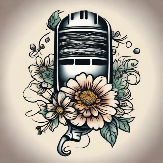 A traditional tattoo design featuring a microphone entwined with daisies and musical notes, creating an artistic fusion of nature and music.