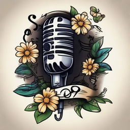 A traditional tattoo design featuring a microphone entwined with daisies and musical notes, creating an artistic fusion of nature and music.