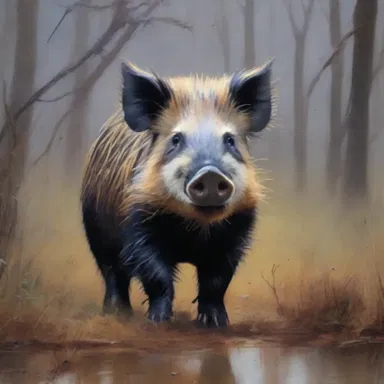 The artist beautifully captured the essence of the musk hog in a stunning oil painting, showcasing its wild and fearless nature.