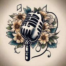 A traditional tattoo design featuring a microphone entwined with daisies and musical notes, creating an artistic fusion of nature and music.