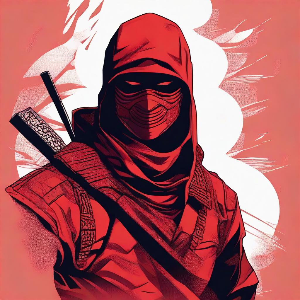 A cinematic, detailed, portrait-style vector image of a red ninja, displaying intricate details such as textures and shadows to add depth.