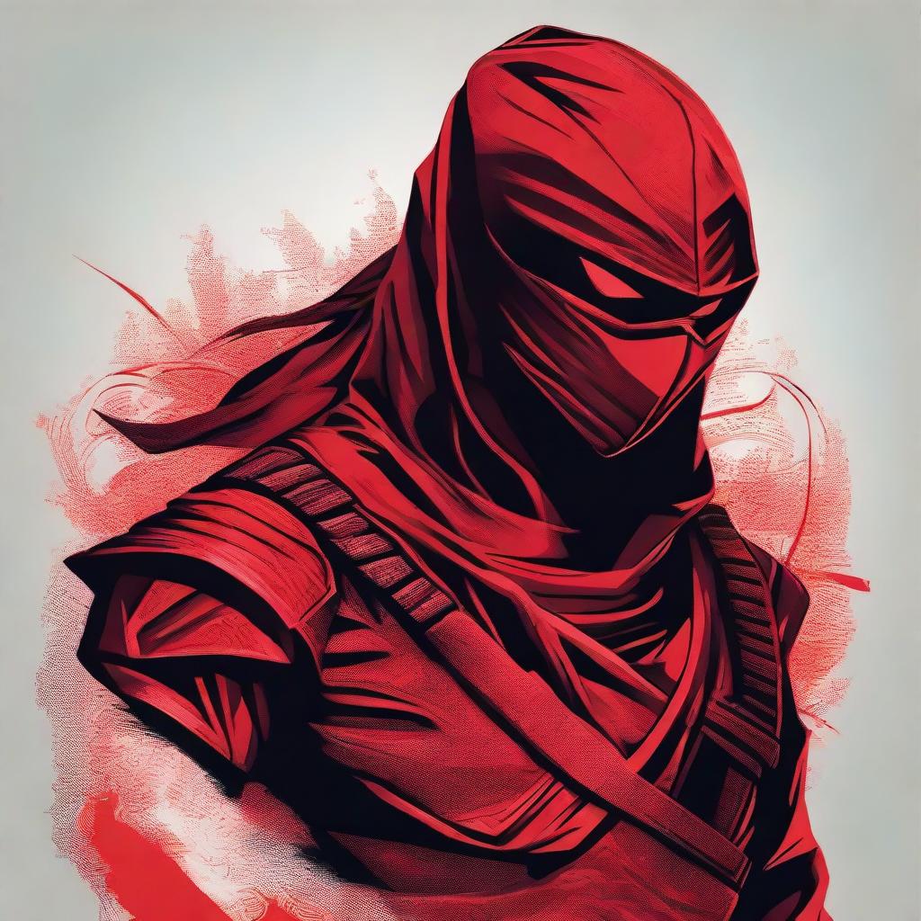 A cinematic, detailed, portrait-style vector image of a red ninja, displaying intricate details such as textures and shadows to add depth.