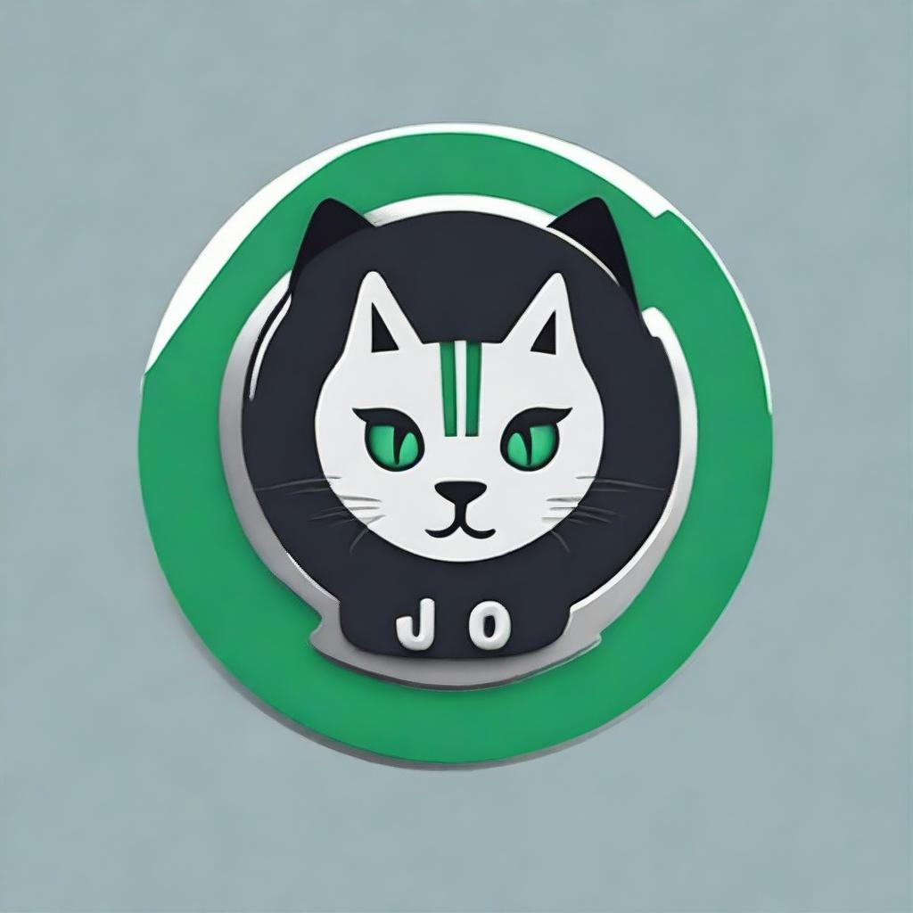 Design a circular logo incorporating the letter 'J' and a cat for an online channel. Use a color palette of green, gray, and black. The style should fuse elements of circuits and cables into its aesthetic.