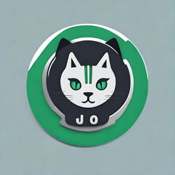 Design a circular logo incorporating the letter 'J' and a cat for an online channel. Use a color palette of green, gray, and black. The style should fuse elements of circuits and cables into its aesthetic.