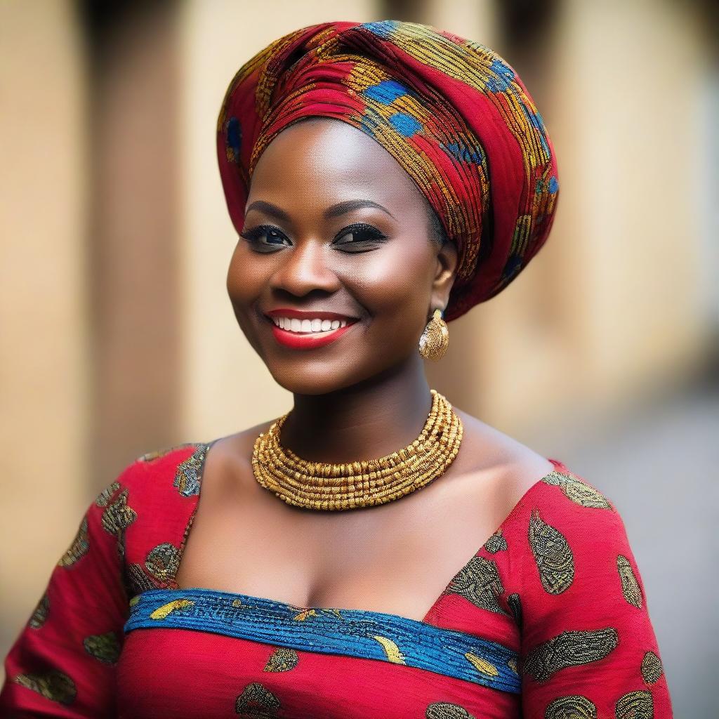 Close-up portrait of a cheerful Nigerian woman, dressed in elegant traditional attire, with a plump physique, smiling warmly.