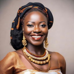 Close-up portrait of a cheerful Nigerian woman, dressed in elegant traditional attire, with a plump physique, smiling warmly.