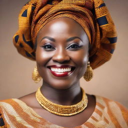 Close-up portrait of a cheerful Nigerian woman, dressed in elegant traditional attire, with a plump physique, smiling warmly.