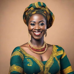 Close-up portrait of a cheerful Nigerian woman, dressed in elegant traditional attire, with a plump physique, smiling warmly.