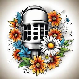 A traditional tattoo design with a microphone surrounded by pure white daisies and various vibrant musical notes, imbuing the image with a lively burst of colors.