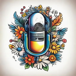 A traditional tattoo design with a microphone surrounded by pure white daisies and various vibrant musical notes, imbuing the image with a lively burst of colors.