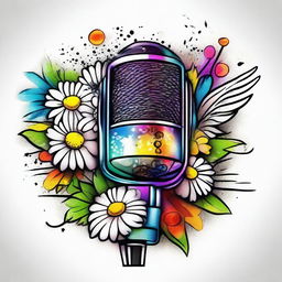 A traditional tattoo design with a microphone surrounded by pure white daisies and various vibrant musical notes, imbuing the image with a lively burst of colors.