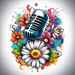 A traditional tattoo design with a microphone surrounded by pure white daisies and various vibrant musical notes, imbuing the image with a lively burst of colors.