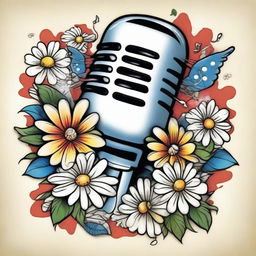 An old school tattoo design depicting a classic microphone engulfed in a cluster of white daisies, with various musical notes strewn about. This lively and vibrant scene is imbued with an array of vivid colors.