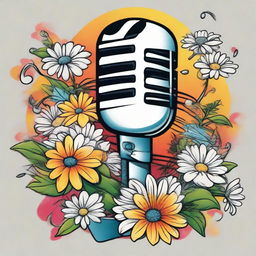 An old school tattoo design depicting a classic microphone engulfed in a cluster of white daisies, with various musical notes strewn about. This lively and vibrant scene is imbued with an array of vivid colors.