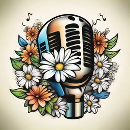 An old school tattoo design depicting a classic microphone engulfed in a cluster of white daisies, with various musical notes strewn about. This lively and vibrant scene is imbued with an array of vivid colors.