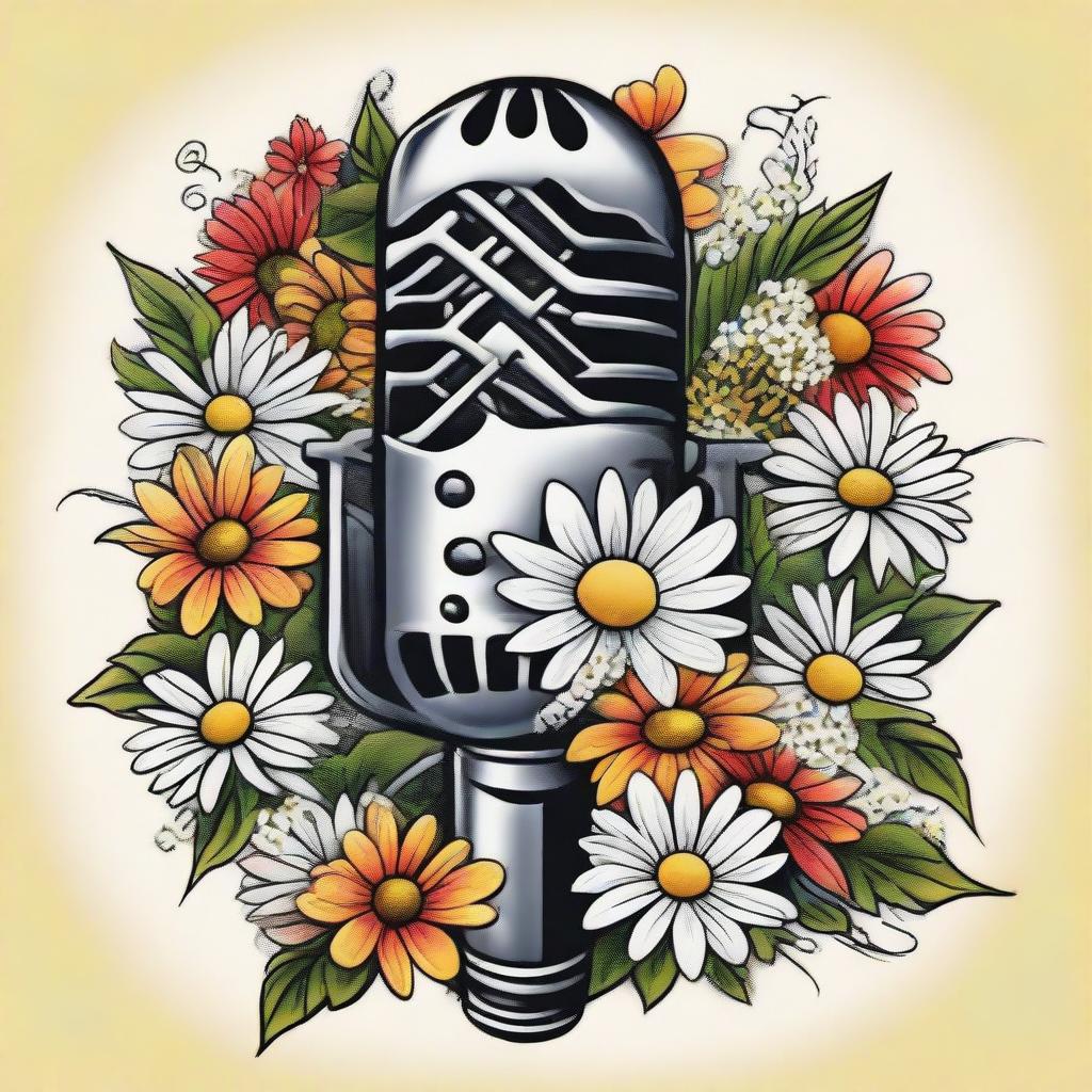 An old school tattoo design depicting a classic microphone engulfed in a cluster of white daisies, with various musical notes strewn about. This lively and vibrant scene is imbued with an array of vivid colors.