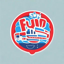 Create a fun, engaging logo for a language school named 'Fun English'. The logo should feature red, blue, and white colors along with graphic elements of books and speech balloons.