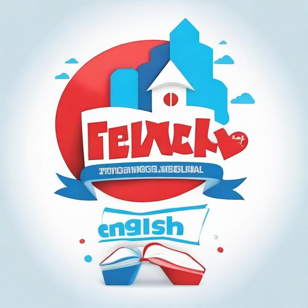 Create a fun, engaging logo for a language school named 'Fun English'. The logo should feature red, blue, and white colors along with graphic elements of books and speech balloons.