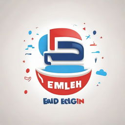 Create a fun, engaging logo for a language school named 'Fun English'. The logo should feature red, blue, and white colors along with graphic elements of books and speech balloons.