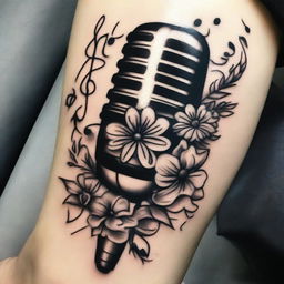 An old school tattoo design that elegantly displays a classic microphone intertwined with musical notes and adorned with a pair of pure white daisies, creating an harmonious blend of music and nature.