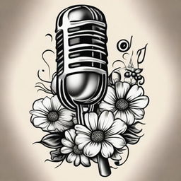 An old school tattoo design that elegantly displays a classic microphone intertwined with musical notes and adorned with a pair of pure white daisies, creating an harmonious blend of music and nature.