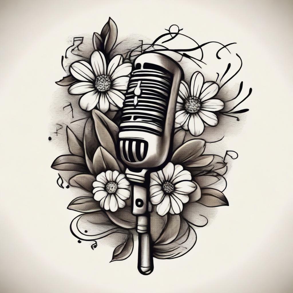 An old school tattoo design that elegantly displays a classic microphone intertwined with musical notes and adorned with a pair of pure white daisies, creating an harmonious blend of music and nature.