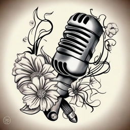 An old school tattoo design that elegantly displays a classic microphone intertwined with musical notes and adorned with a pair of pure white daisies, creating an harmonious blend of music and nature.