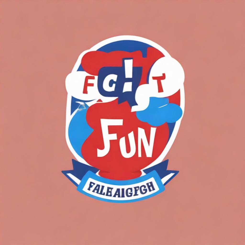 Design a logo for a language school called 'Fun English'. The logo should incorporate the colors red, blue, and white, and include graphic elements of books and speech balloons.