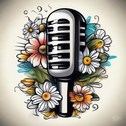 A vibrantly colored old school tattoo design, featuring a classic microphone mingled with musical notes and adorned with a radiant pair of white daisies, synthesizing a rhythmic interplay of nature and music.