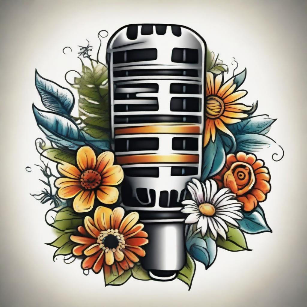 A vibrantly colored old school tattoo design, featuring a classic microphone mingled with musical notes and adorned with a radiant pair of white daisies, synthesizing a rhythmic interplay of nature and music.